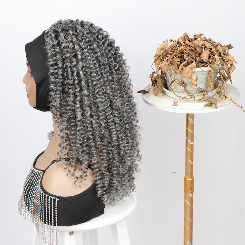 Silver Gray Curly Human Hair Headband Wigs for Black Women Salt and ...