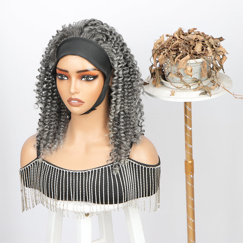 Silver Gray Curly 100% Human Hair Headband Wig For Black Women Salt And ...