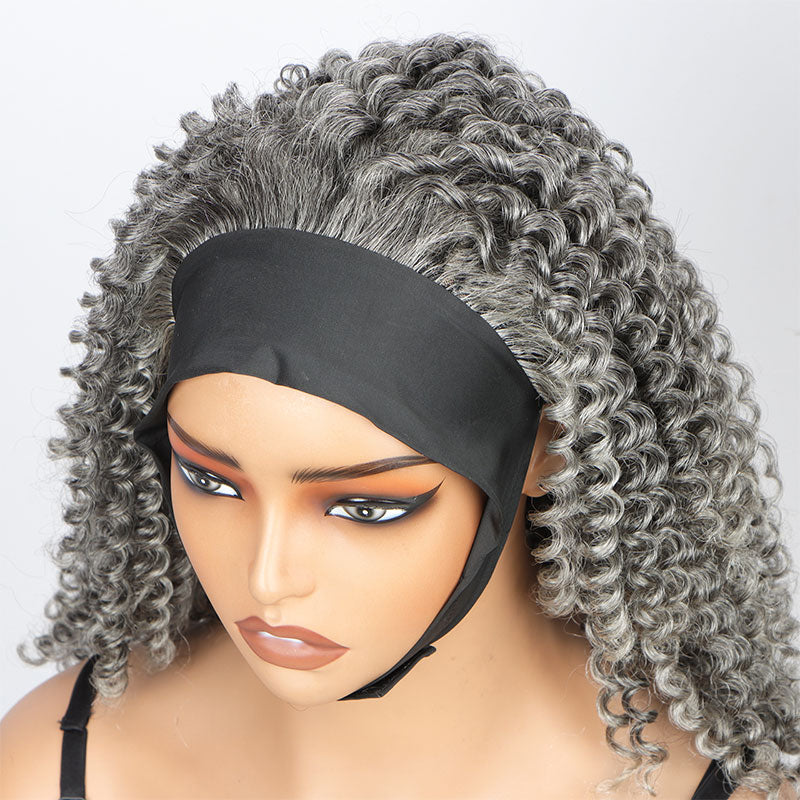 Silver Gray Curly Human Hair Headband Wigs for Black Women Salt and ...
