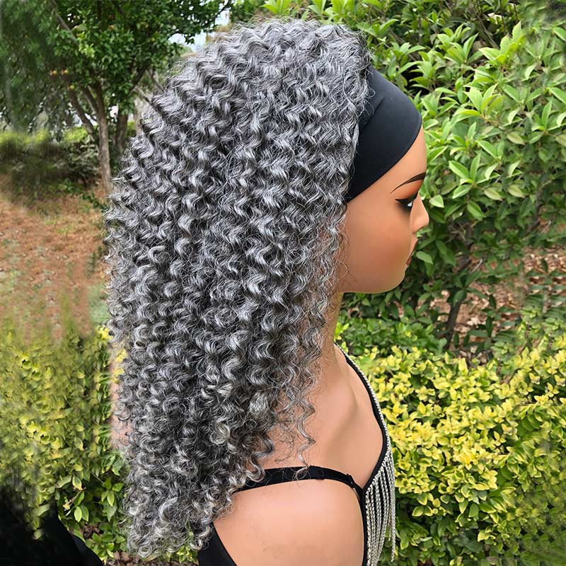 Silver Gray Curly 100% Human Hair Headband Wig For Black Women Salt And ...