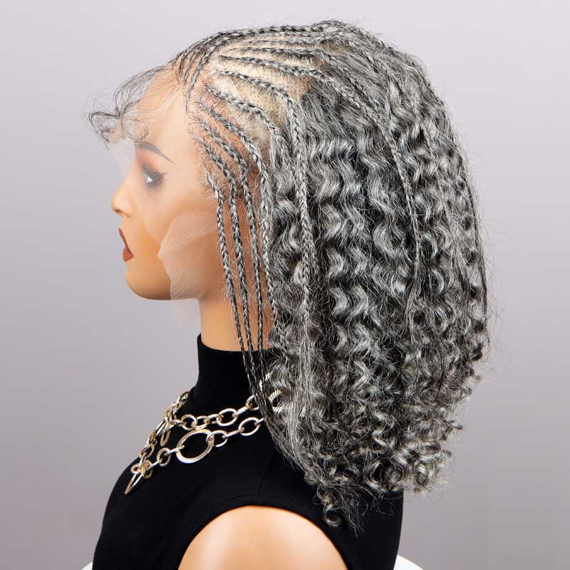 Soul Lady Silver Grey Pre Braided Jerry Curly 13x4.5 HD Lace Full Frontal Human Hair Wig For Seniors