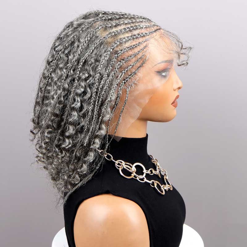 Soul Lady Silver Grey Pre Braided Jerry Curly 13x4.5 HD Lace Full Frontal Human Hair Wig For Seniors