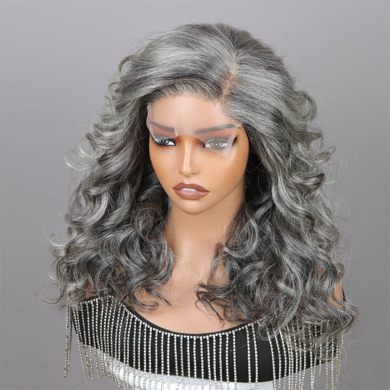 Attractive Seniors Women Body Wave 5x5 HD Lace Silver Standard Salt And Pepper Real Human Hair HD Lace Wigs