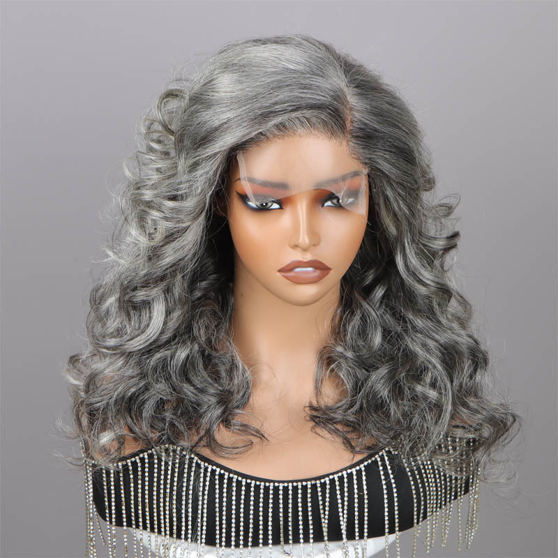 Attractive Seniors Women Body Wave 5x5 HD Lace Silver Standard Salt And Pepper Real Human Hair HD Lace Wigs