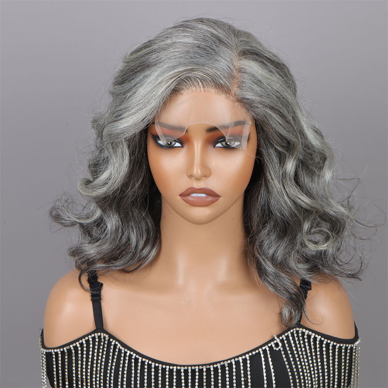 Attractive Seniors Women Body Wave 5x5 HD Lace Silver Standard Salt And Pepper Real Human Hair HD Lace Wigs