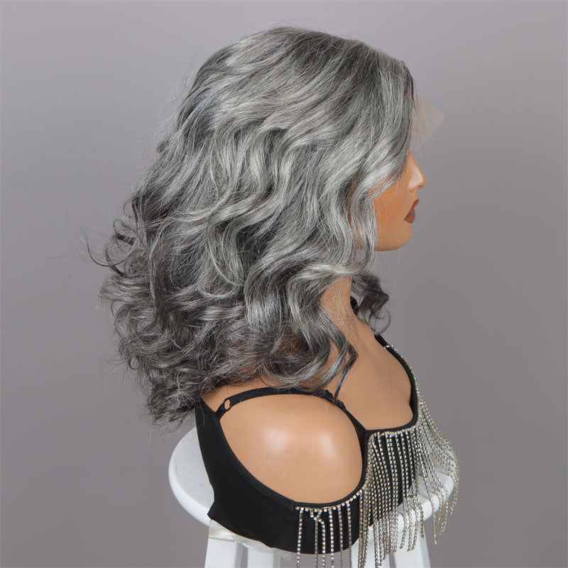 Attractive Seniors Women Body Wave 5x5 HD Lace Silver Standard Salt And Pepper Real Human Hair HD Lace Wigs