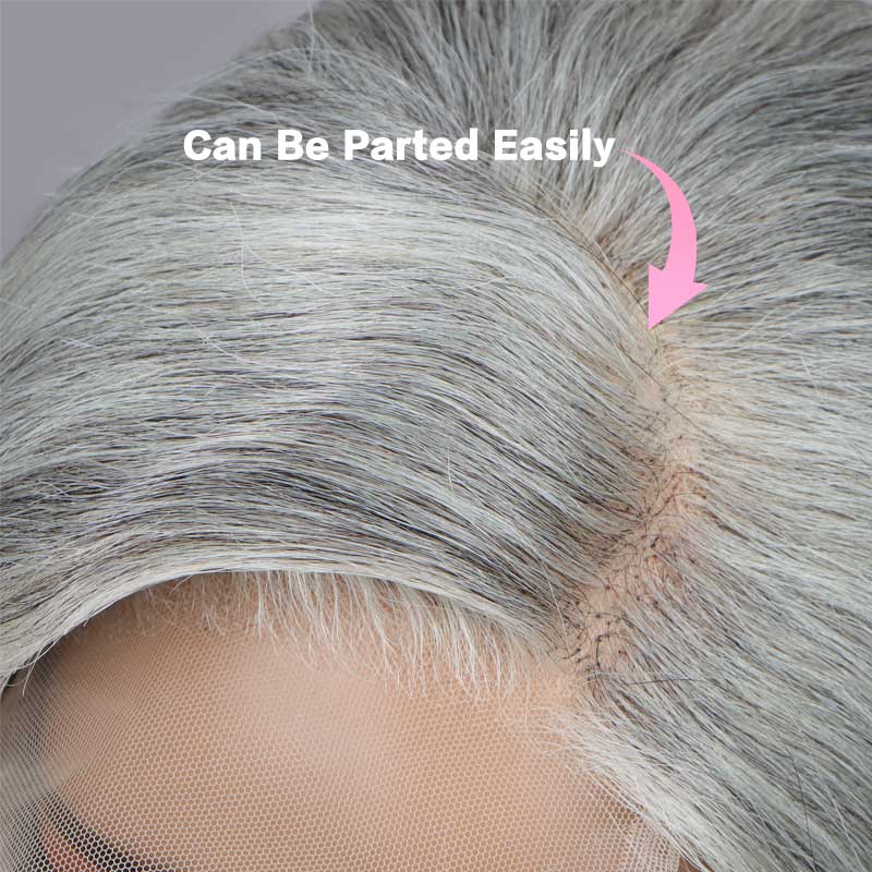 Attractive Silver Black Highlights Salt And Pepper Wig Real Human Hair Body Wave 5x5 HD Lace Wigs