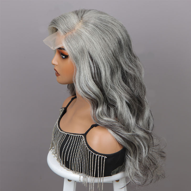 Attractive Silver Black Highlights Salt And Pepper Wig Real Human Hair Body Wave 5x5 HD Lace Wigs