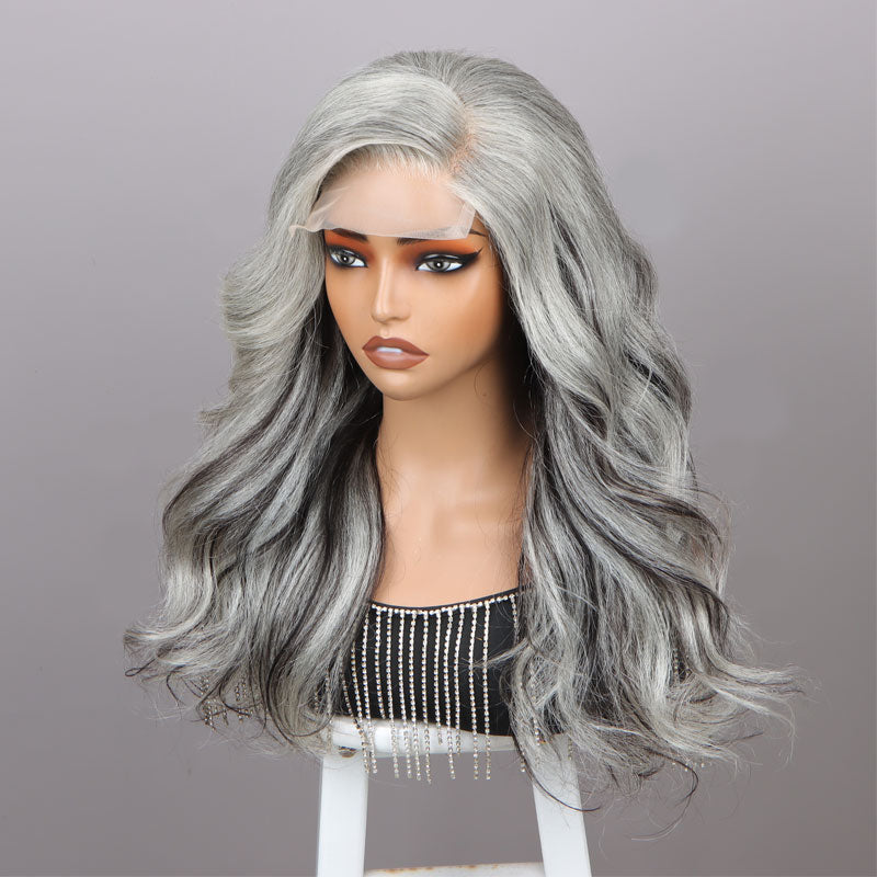 Attractive Silver Black Highlights Salt And Pepper Wig Real Human Hair Body Wave 5x5 HD Lace Wigs