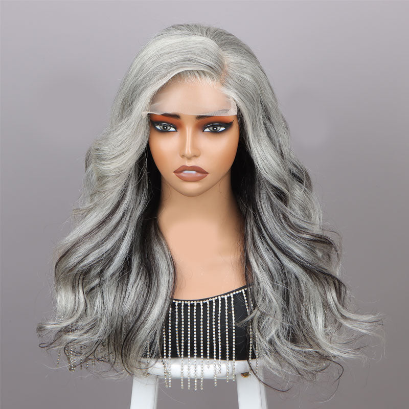 Attractive Silver Black Highlights Salt And Pepper Wig Real Human Hair Body Wave 5x5 HD Lace Wigs