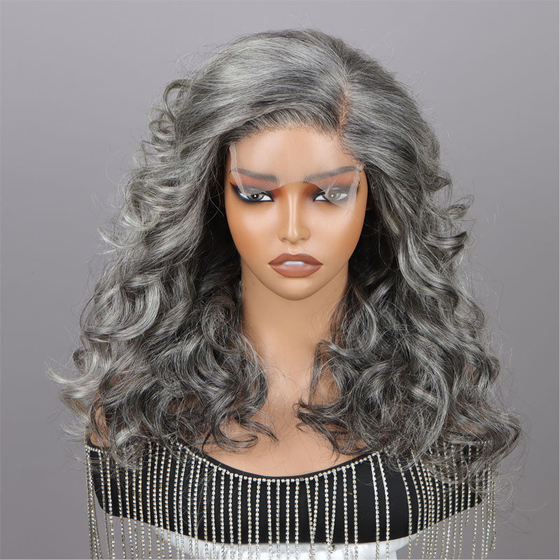 Attractive Seniors Women Body Wave 5x5 HD Lace Silver Standard Salt And Pepper Real Human Hair HD Lace Wigs