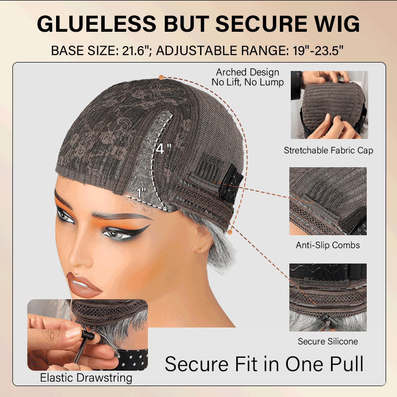 Soul Lady 4x1 lace part glueless wig cap construction showing the pre-cut 4x1 lace parting area, adjustable elastic band at the nape, breathable mesh cap for ventilation, secure combs for stability, and stretchable elastic material for a comfortable, snug fit.