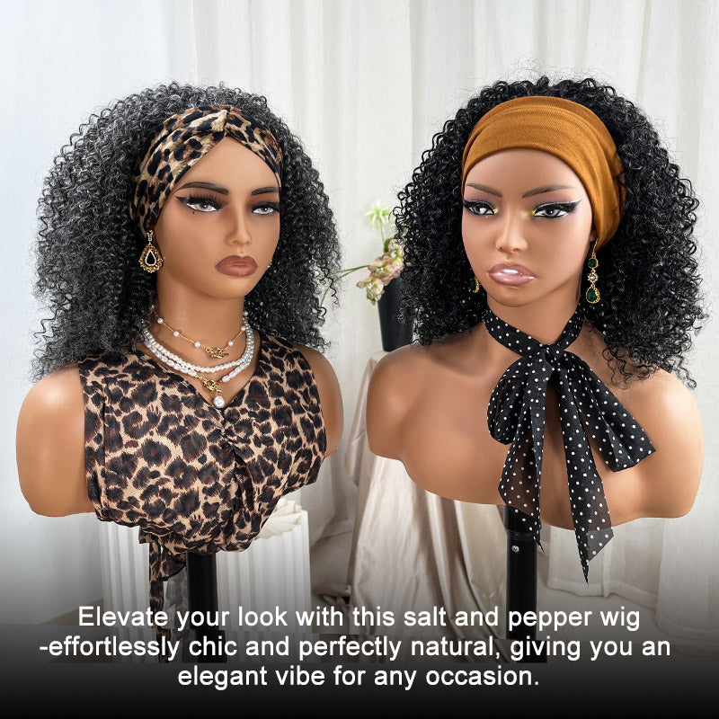 Comparison of Soul Lady medium and dark salt and pepper kinky curly human hair headband wigs, showing differences in gray blending, curl texture, and overall color tone, with realistic volume and natural-looking curls for mature women