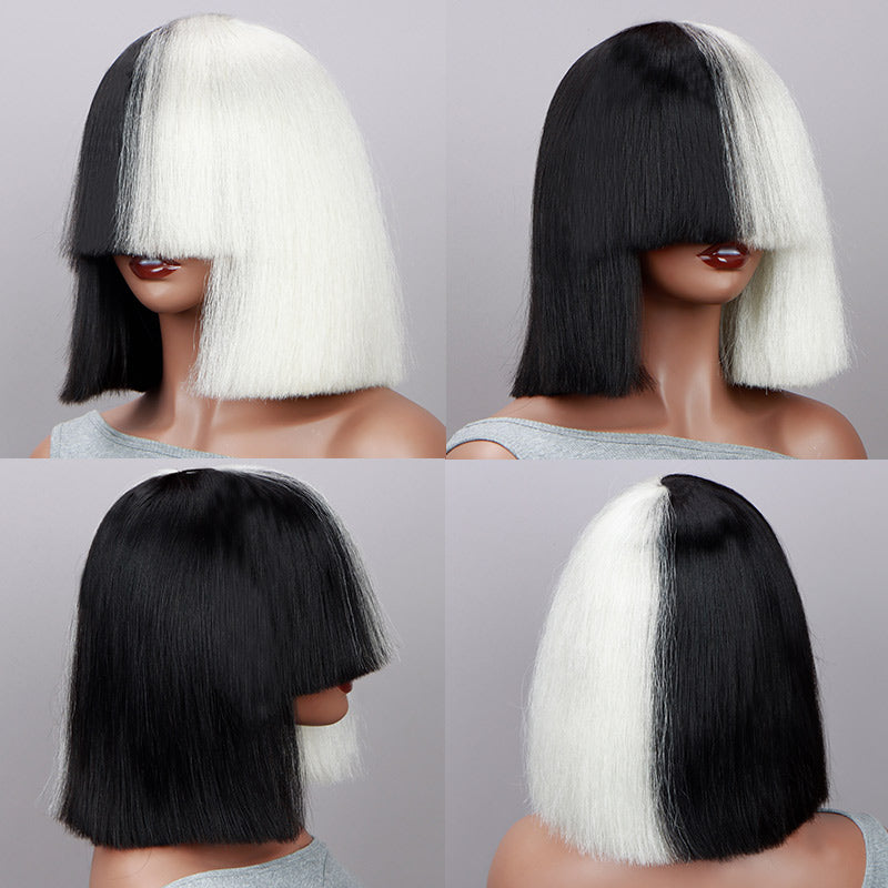 Soul Lady Costume Wig Black White Straight Hair Blunt Cut Bob Wig With Bangs Real Human Hair Wear and Go Wigs For Halloween