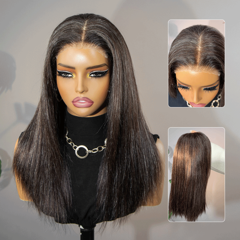 Soul Lady Wigs| Close-up of dark brown mixed gray hair color – natural blend of gray and brown tones, realistic human hair shine