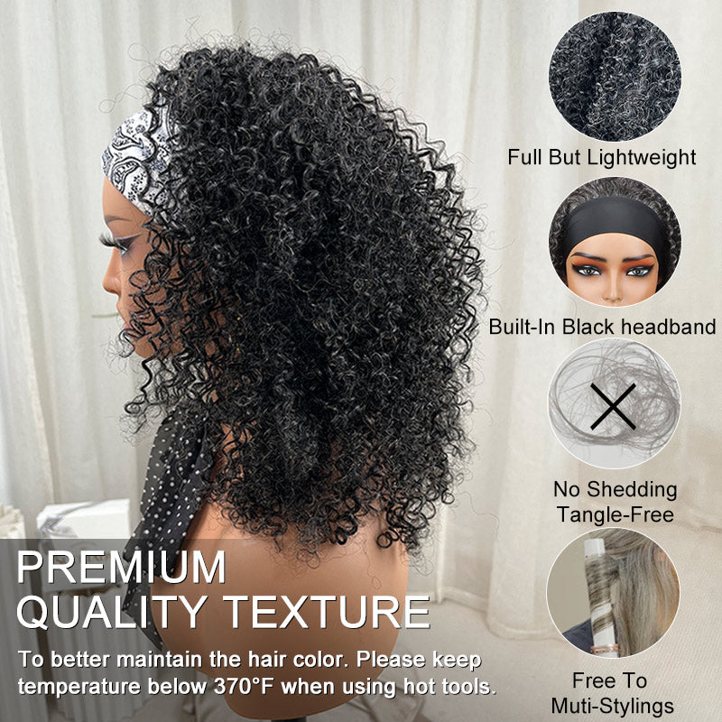 Soul Lady dark salt and pepper kinky curly human hair headband wig featuring natural black and gray blend, soft and defined tight curls, full volume, and realistic texture designed for effortless, everyday wear for mature women