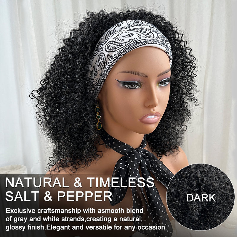 Soul Lady kinky curly human hair headband wig in salt and pepper color, displaying natural-looking gray coverage, springy curls, and a full, mature-friendly texture