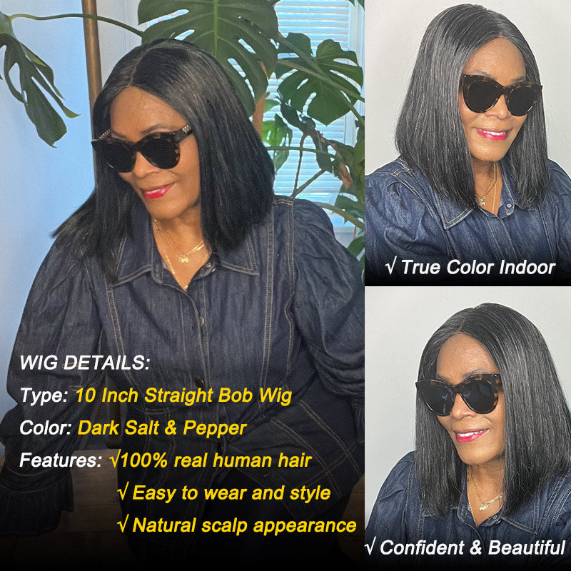 Soul Lady Wigs| Classic straight bob human hair wig in dark salt and pepper shade, symbolizing sophistication and natural charm