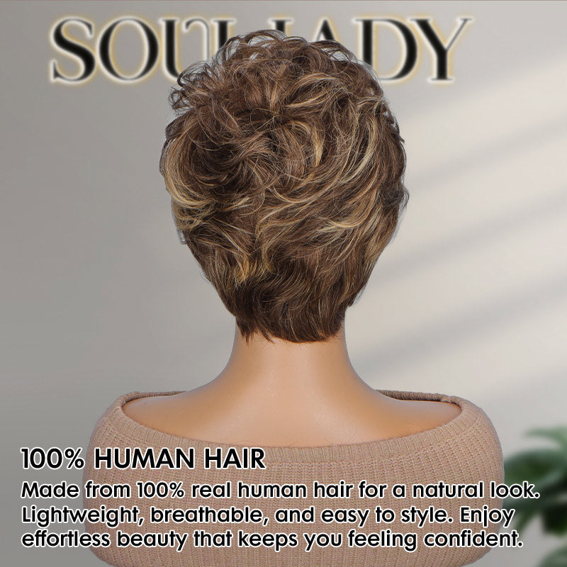 Back view of Soul Lady FR4/27 Brown with Blonde Highlights Natural Wave Pixie Cut Human Hair Wig, showing layered texture, soft natural waves, and realistic hair movement with a comfortable glueless cap design for secure, all-day wear.