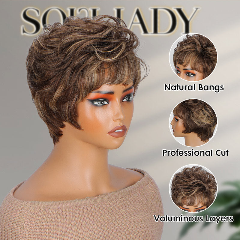 Soul Lady FR4/27 Brown with Blonde Highlights Natural Wave Pixie Cut Human Hair Wig with Bangs, side view showcasing soft natural waves, layered pixie cut style, realistic texture, glueless cap construction, and comfortable fit perfect for everyday wear and easy styling.