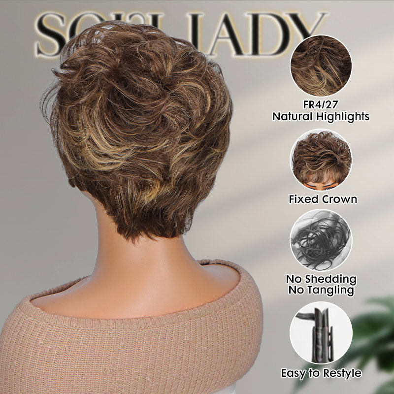 Detailed back shot of the Soul Lady FR4/27 Pixie Cut Wig in brown with blonde highlights, featuring natural wavy human hair strands, layered cut for volume and dimension, and an adjustable elastic cap for a perfect, comfortable fit.
