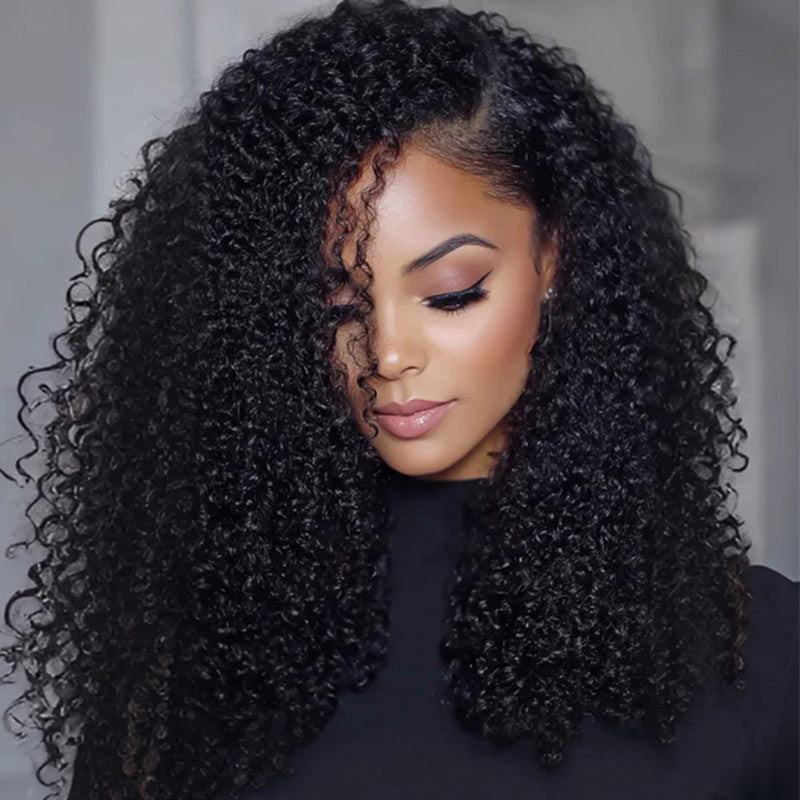 Soul Lady Wigs|kinky curly human crochet hair extensions, natural black color with tight curls for a full, bouncy look.