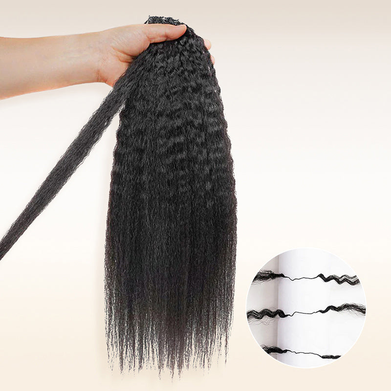 Soul Lady Wigs| natural black kinky straight crochet extensions, realistic human hair with coarse texture for versatile styling.