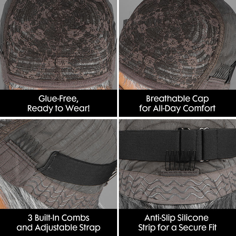 Close-up view of the Soul Lady Salt & Pepper Glueless wig cap construction featuring a breathable mono lace base, adjustable straps, four secure combs, and an elastic band for a snug, comfortable fit without glue or adhesives, designed for easy wear, durability, and natural scalp appearance.