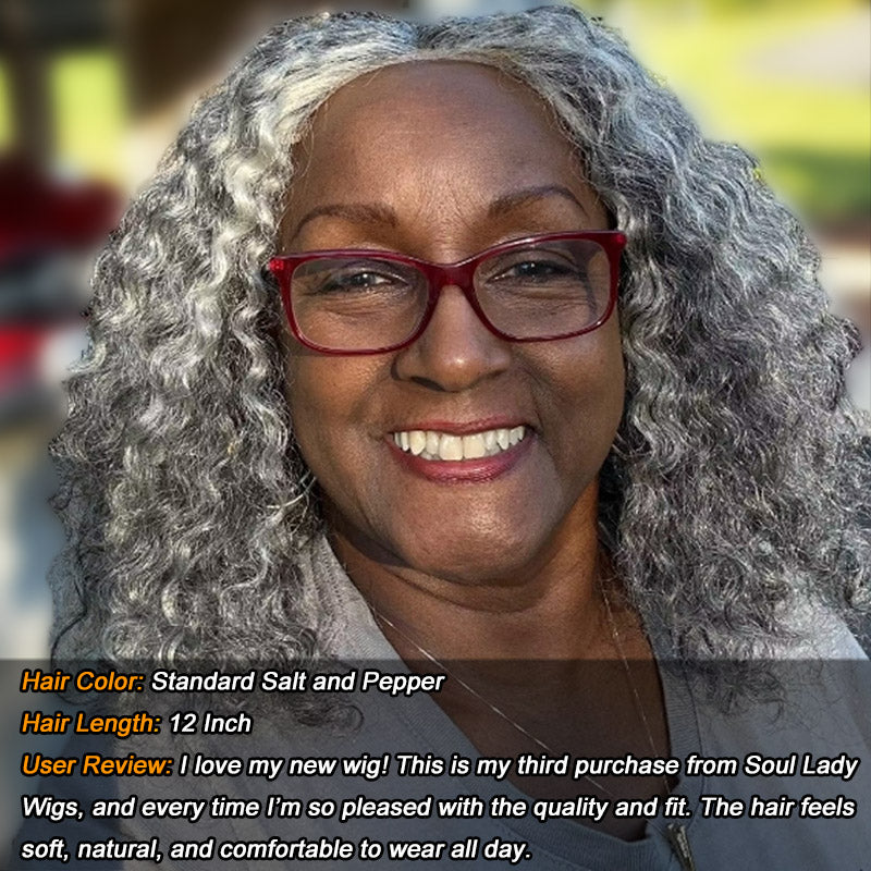 Soul Lady Wigs| Natural-looking salt and pepper water wave human hair bob wig with 5x5 HD lace, effortless throw-on-and-go design. Perfert for women over 50.