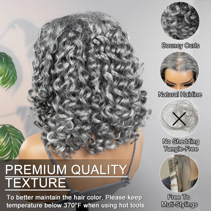 Soul Lady Wigs 13x4 full frontal loose curly wig back view showing soft loose curls, natural volume, and realistic movement in salt and pepper human hair.