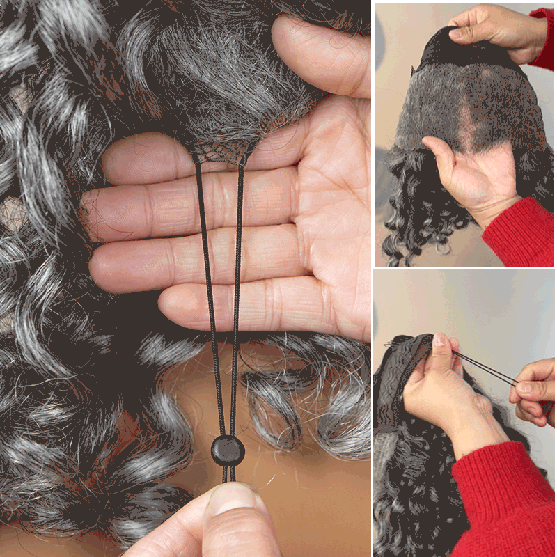 Close-up image showing the drawstring details of the Soul Lady Wigs 13x4 full frontal loose curly human hair wig. The photo highlights the adjustable drawstring system inside the wig cap