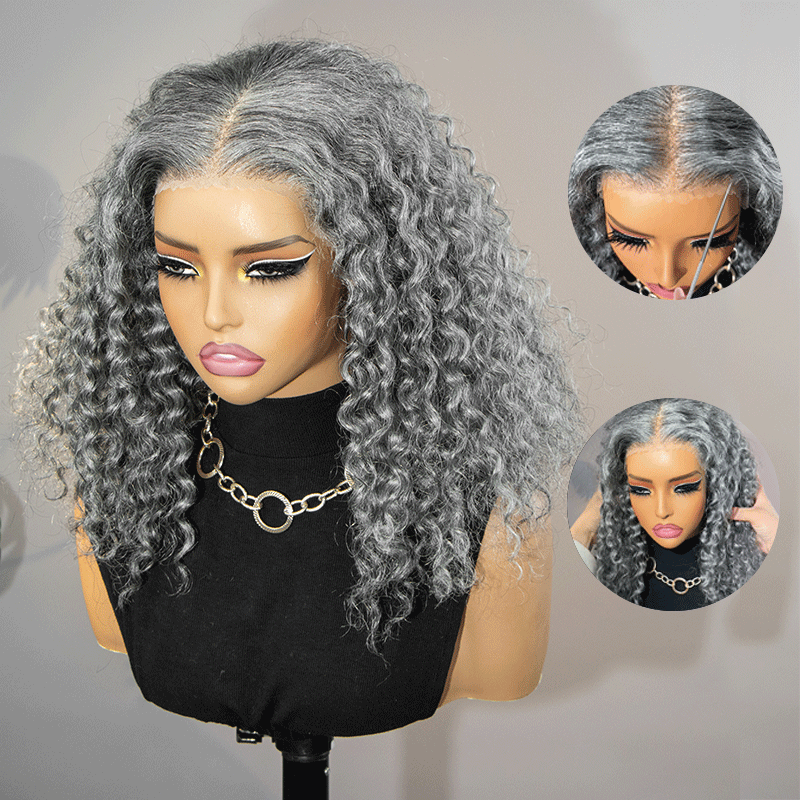 Soul Lady 13x4 lace full frontal salt and pepper human hair wig, showing natural grey-black blend and realistic hairline in a front-facing pose.