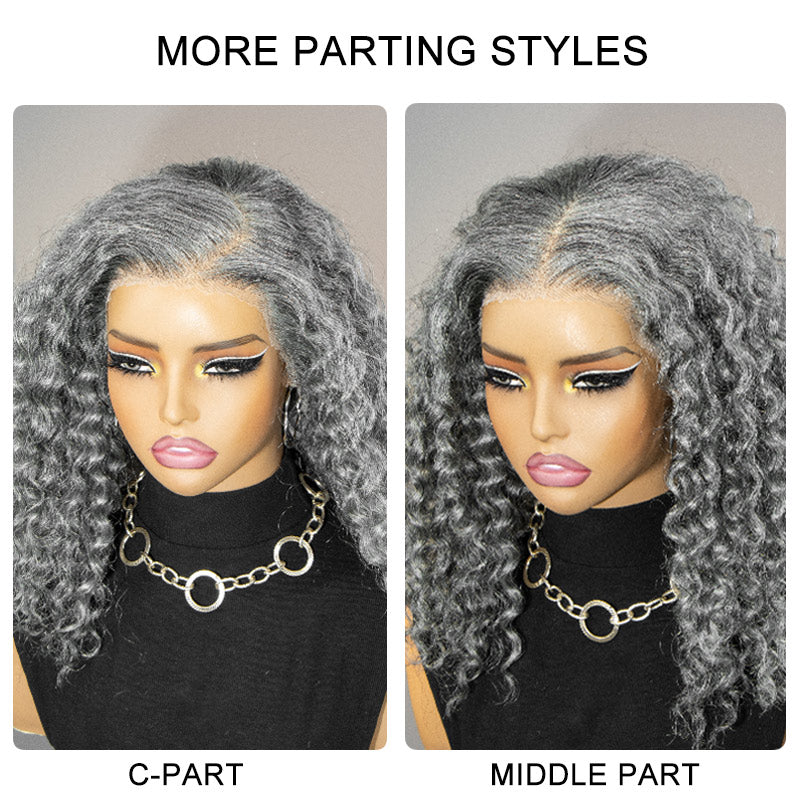 Soul Lady 13x4 water wave human hair wig in salt and pepper, shown with multiple parting options, highlighting natural waves, realistic hairline, and versatile styling.