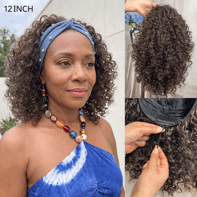Close-up product image of the Soul Lady Wigs “Alicia” dark brown mixed gray water wave headband human hair wig, shown with soft, voluminous waves and a natural-looking blend of dark brown and gray tones. The wig features a comfortable elastic headband design for easy wear, with realistic texture and shine, displayed in a styled look suitable for everyday use and mature women.