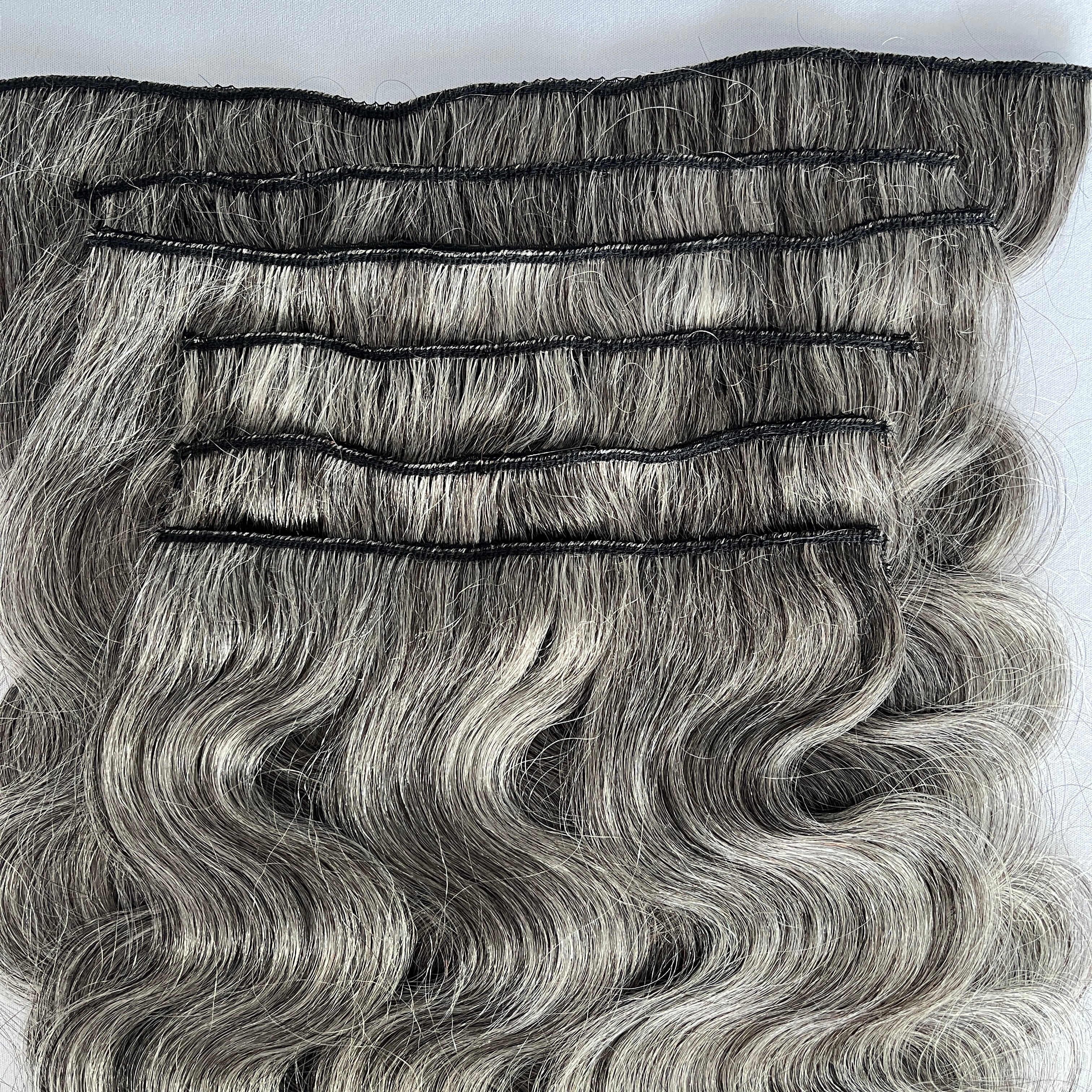 Analyzing image Soul-Lady-Wigs-Body-Wave-Human-Hair-Clip-In-Hair-Extensions-6-Pcs-A-Set-Salt-And-Pepper-Silver-Color-Standard-Front