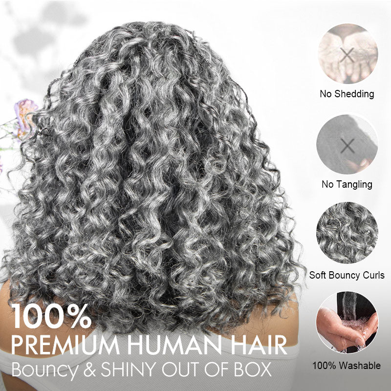 Soul Lady Wigs back view of the Boho braided curly salt and pepper human hair wig with a glueless 5x5 lace closure, showing the braid pattern and natural curly texture.