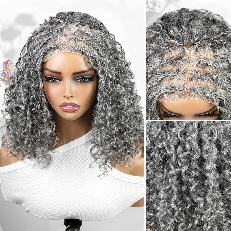 Soul Lady Wigs close-up hair detail view of the Boho braided curly salt and pepper human hair wig with a glueless 5x5 lace closure, showing braid texture and defined curls.