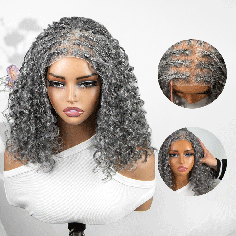 Soul Lady Wigs Boho braided curly salt and pepper human hair wig with a glueless 5x5 lace closure, front-view, natural-looking hairline.