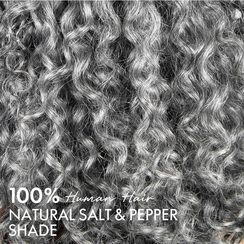 Soul Lady Wigs close-up view of curly hair with text indicating 100% human hair and natural salt & pepper shade.