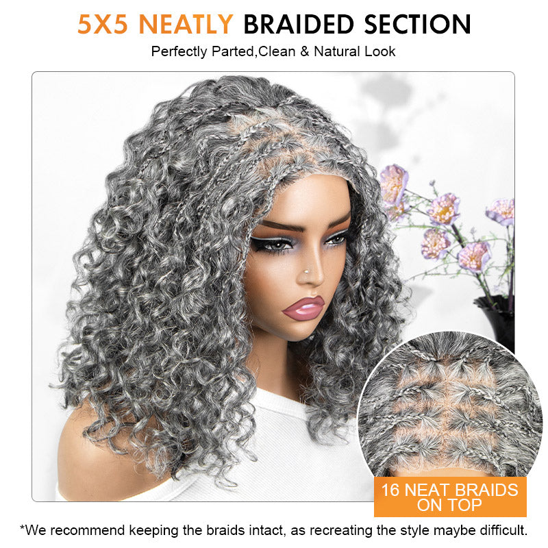 Soul Lady Wigs side view of a Boho braided curly salt and pepper human hair wig with a glueless 5x5 lace closure, showing natural curls and realistic hairline.
