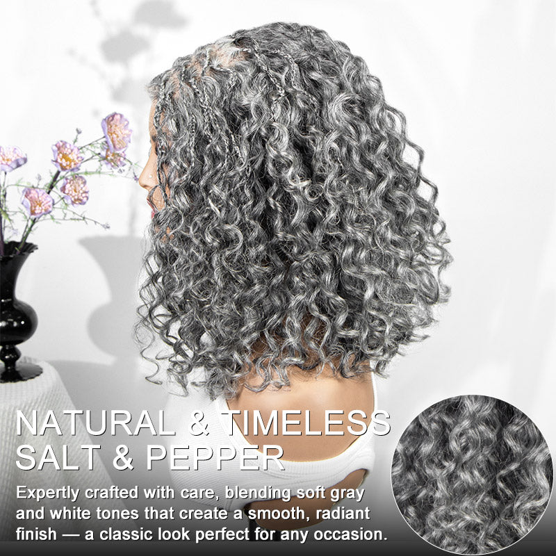 Soul Lady Wigs side view of a Boho braided curly salt and pepper human hair wig with a glueless 5x5 lace closure, showing the natural curl pattern.