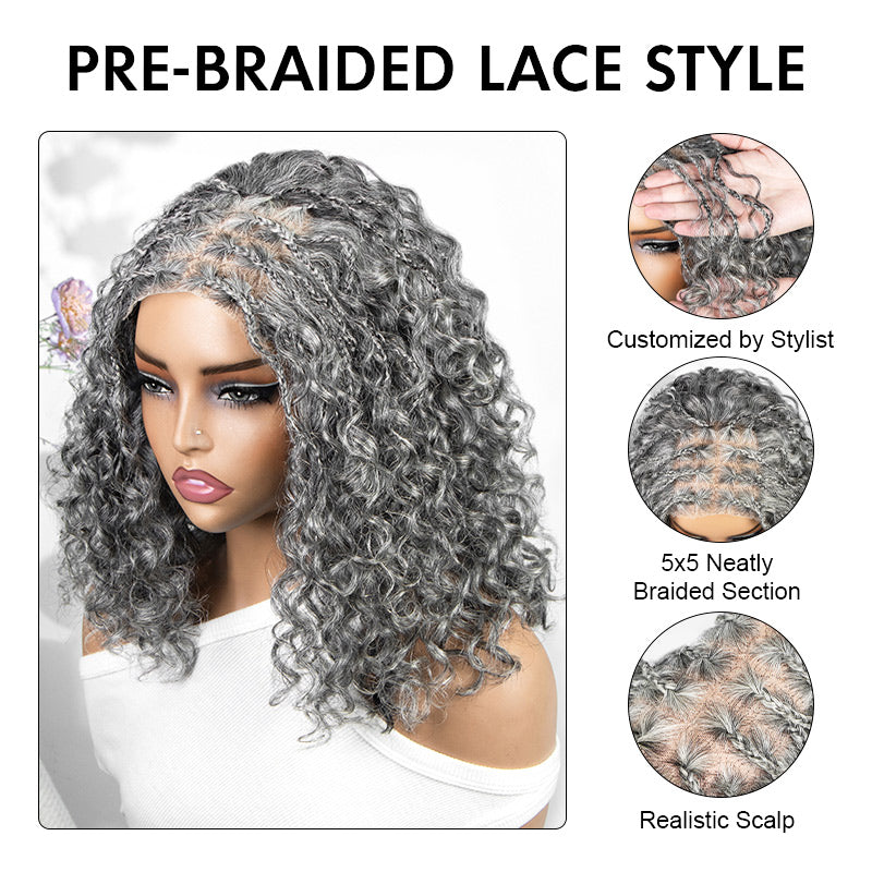Soul Lady Wigs front view of Boho braided curly salt and pepper human hair wig with a glueless 5x5 lace closure, showing defined curls and a natural-looking hairline.