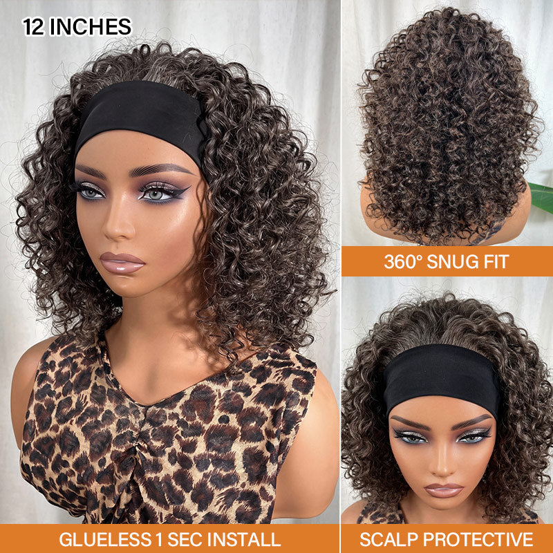 Soul Lady Wigs dark brown mixed gray water wave headband wig shown from multiple angles, featuring soft wavy texture, natural hairline, and adjustable headband design for easy wear and glueless installation.