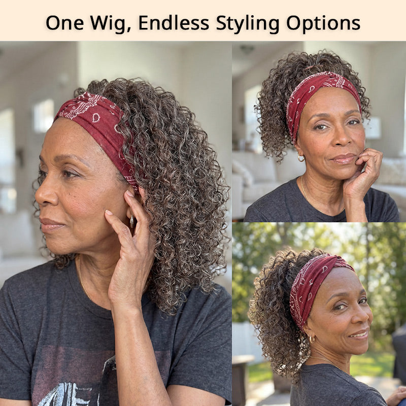 African American woman wearing a dark brown mixed gray water wave headband wig made from Soul Lady Wigs, shown in multiple real-life styling variations including natural loose curls, high ponytail, and side ponytail looks, demonstrating a versatile one wig multiple styles design in indoor and outdoor settings.