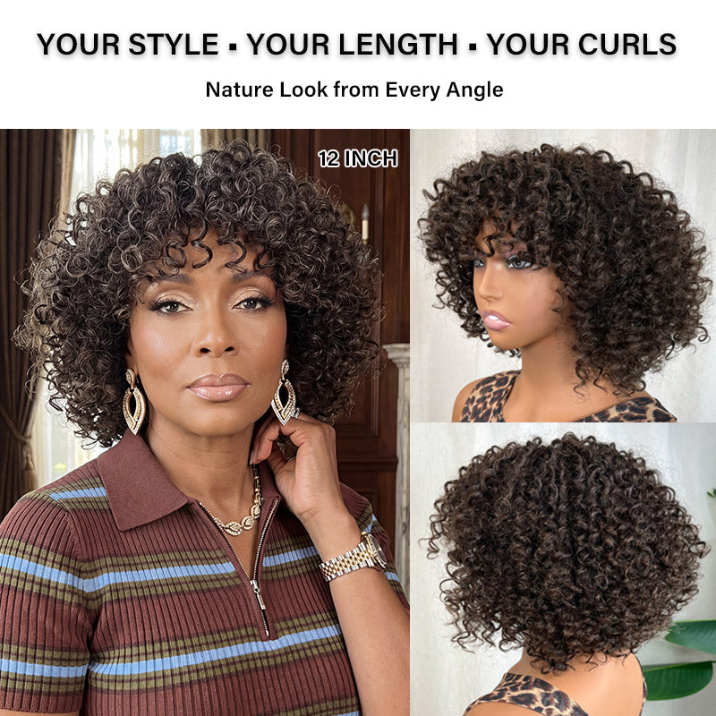 Dark Brown Mixed Gray Curly Human Hair Wig Short Curly Wigs  display picture 3