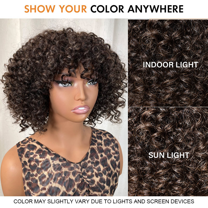 Dark Brown Mixed Gray Curly Human Hair Wig Short Curly Wigs  display picture 1