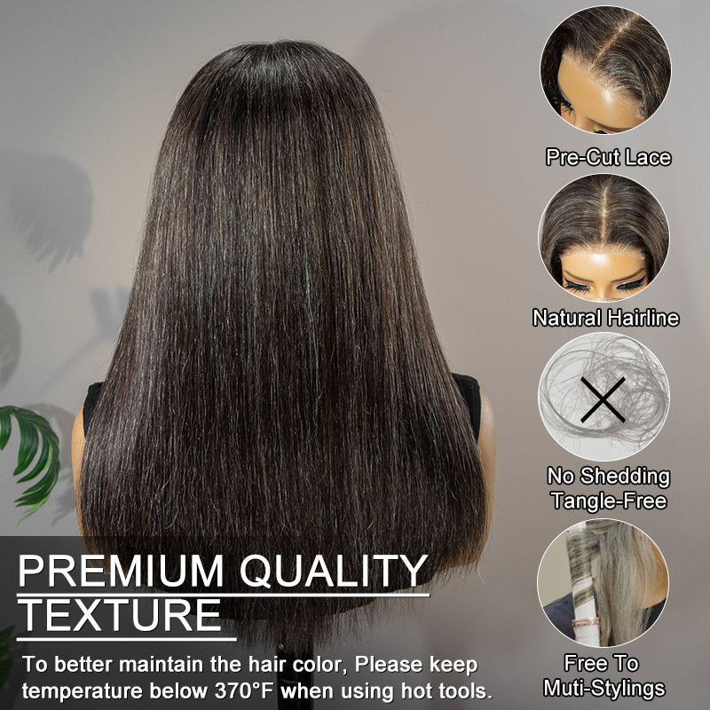 Soul Lady Wigs back view of the Dark Brown Mixed Subtle Gray Straight Human Hair Lace Closure Wig, showing the smooth straight texture, natural movement, and even color blend from root to ends.