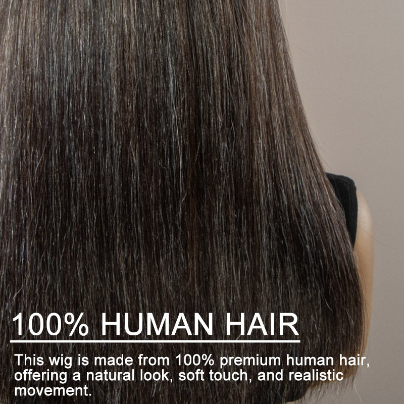 Soul Lady Wigs back view of the Dark Brown Mixed Subtle Gray Straight Human Hair Lace Closure Wig, showing the smooth straight texture, natural movement, and even color blend from root to ends.