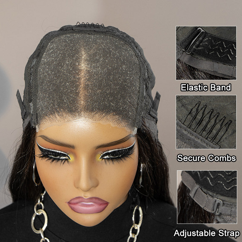 Soul Lady Wigs cap construction of the Dark Brown Mixed Subtle Gray Straight Human Hair Lace Closure Wig, showing the breathable lace top, adjustable straps, elastic wig cap, and secure combs for comfortable and stable wear.