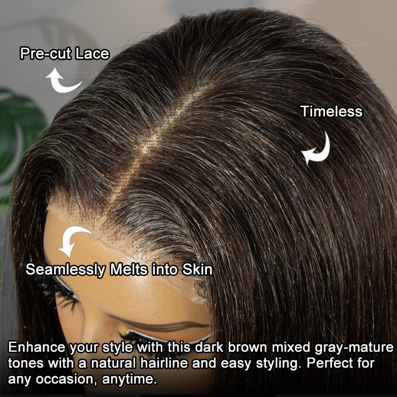 Soul Lady Wigs Close-up view of the Dark Brown Mixed Subtle Gray Straight Human Hair Lace Closure Wig, highlighting the natural hairline, fine lace detail, and smooth straight texture.